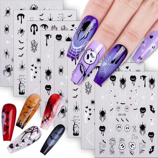 Halloween Nail Art Stickers Decals 3D Self-Adhesive Spider Ghost Web Nail Stickers 12 Sheets Cute Ghosts Nail Decals Halloween DIY Manicure Supplies for Women