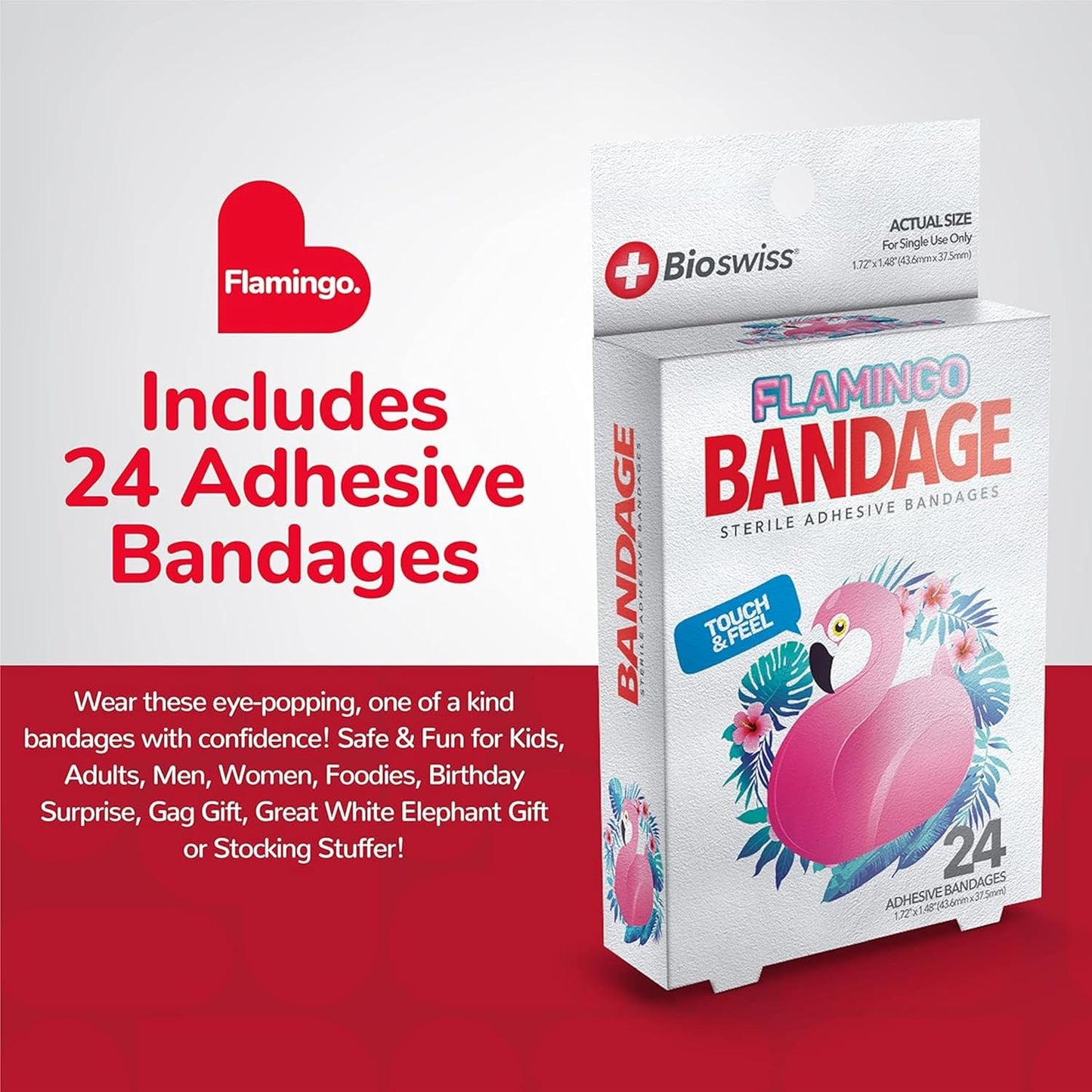 BioSwiss Kids Bandages, Flamingo Shaped Self Adhesive Bandage Set, Latex Free, Sterile Wound Care, 24 Count