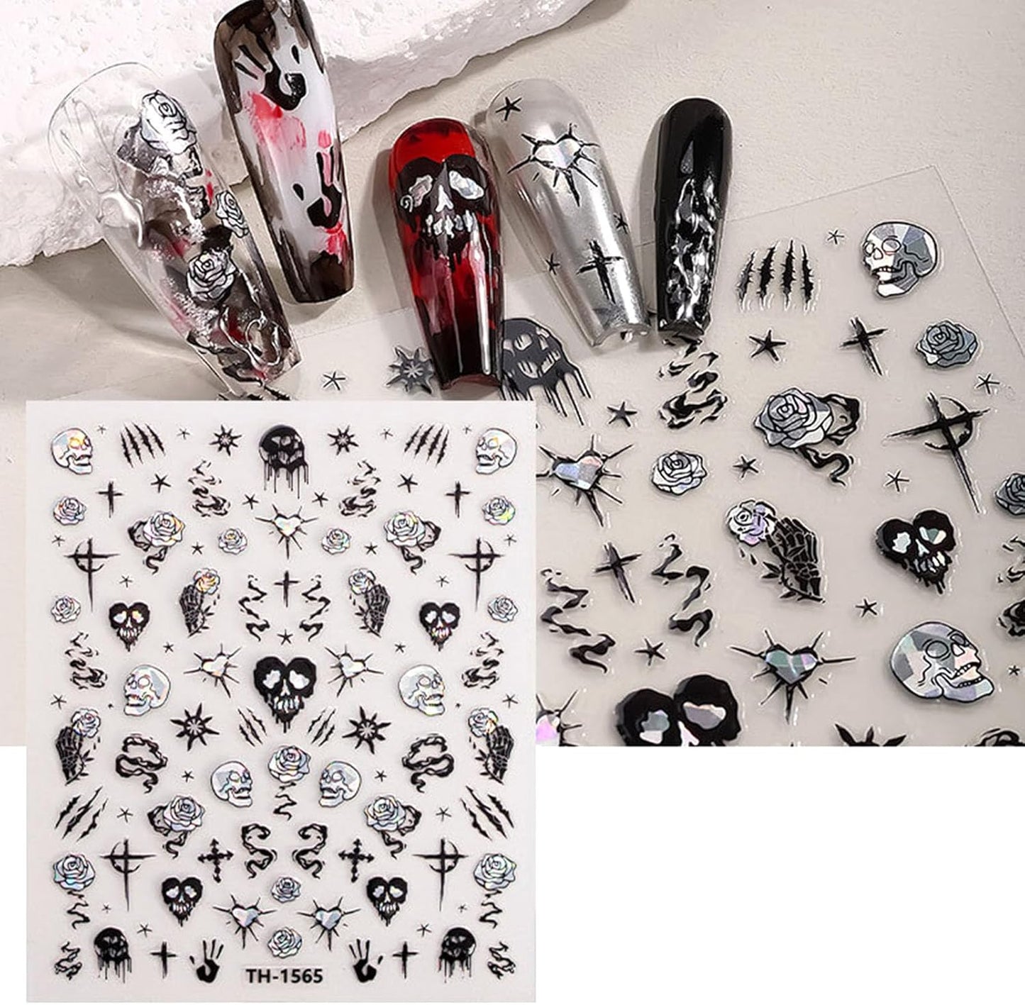 Halloween Nail Stickers Cute Ghost Nail Art Stickers Spider Web Pumpkin Spider Skeleton Bat Flower Design Halloween Nail Decals for Nail Art Holiday Acrylic DIY Nail Decoration 6Pcs