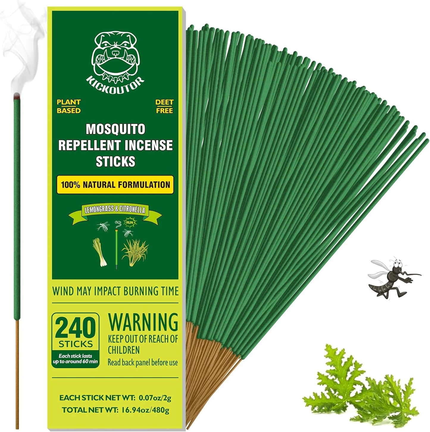 KICKOUTOR® Mosquito Repellent Outdoor Patio 240 PCS Natural Citronella Incense Sticks DEET Free Lemongrass Oil Gnat Mosquito Control for Indoor Backyard Travel Camping