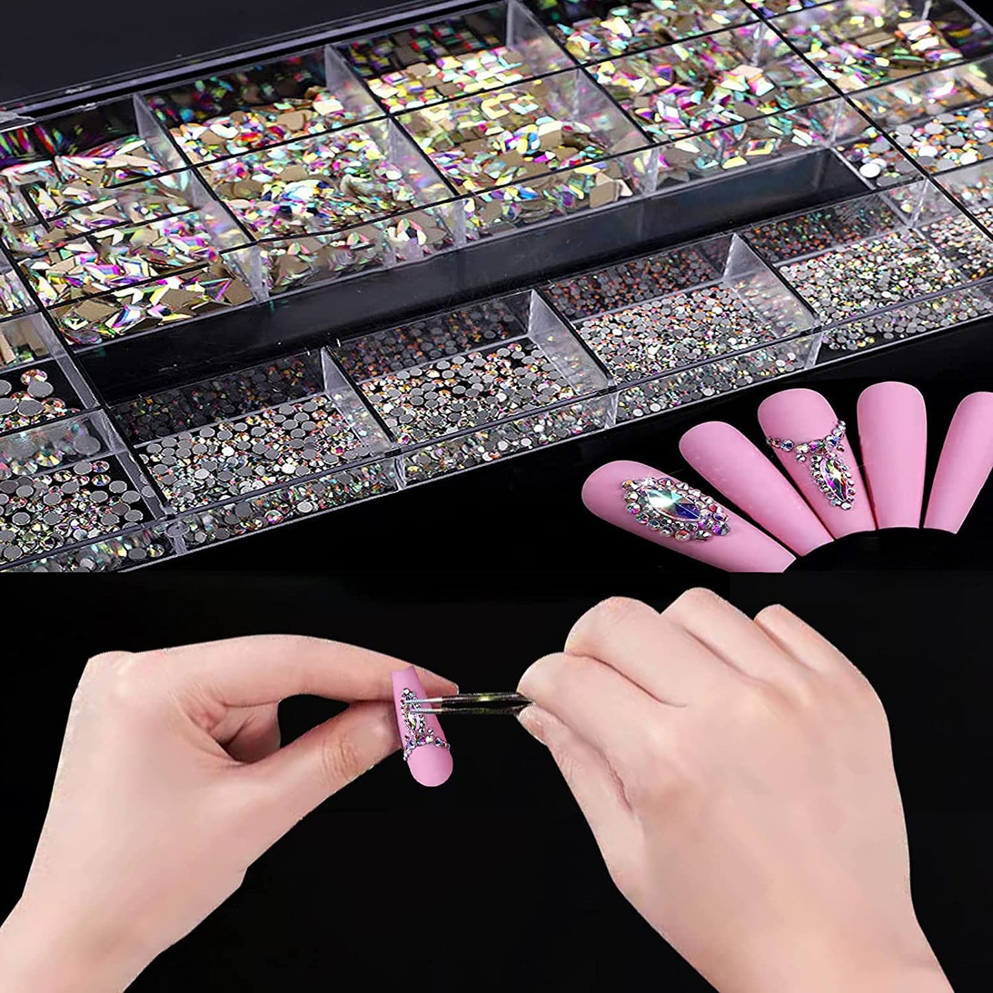 3100Pcs AB Crystal Nail Rhinestones, HOINCO Mix 20 Styles Flatback Rhinestone, 12 Types of 600 Diamonds + 2500 Round Beads, Crystals 3D Flat Back Gemstones for Nail DIY Crafts with Tweezers Pen
