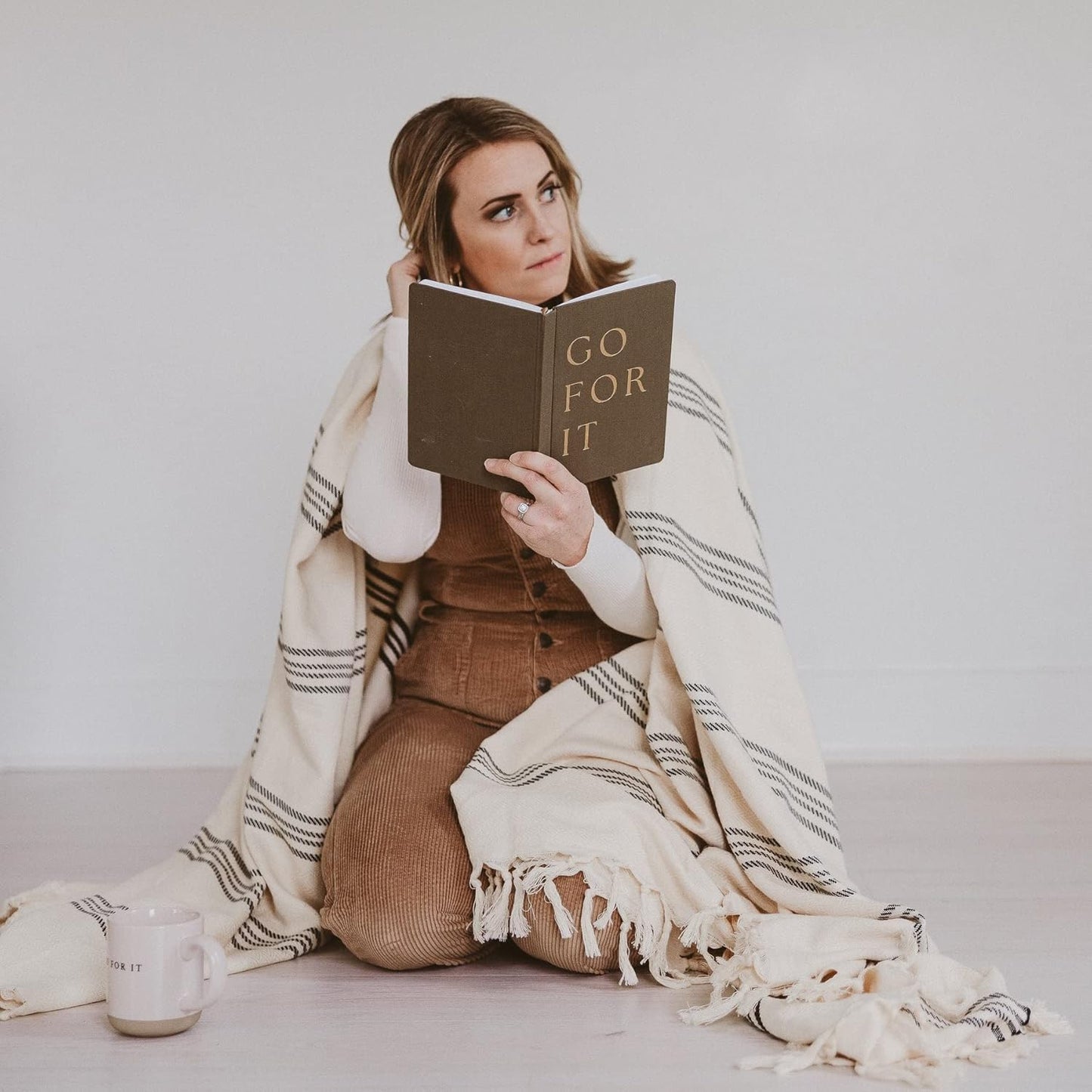 Sweet Water Decor Cute Motivational Lined Composition Notebook for Women, 100 Ruled Pages for Writing, Diary with Fabric Inspirational Olive Cover (Go For It)