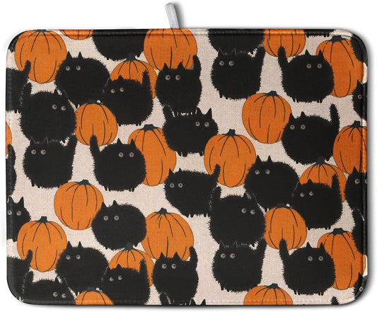 Happy Halloween Dish Drying Mat for Kitchen Counter 18x24 Inch Cute Pumpkin Black Cat Trick or Treat Drying Mats Large Microfiber Absorbent Dish Rack Pad for Coffee Bar Sinks Home Accessories