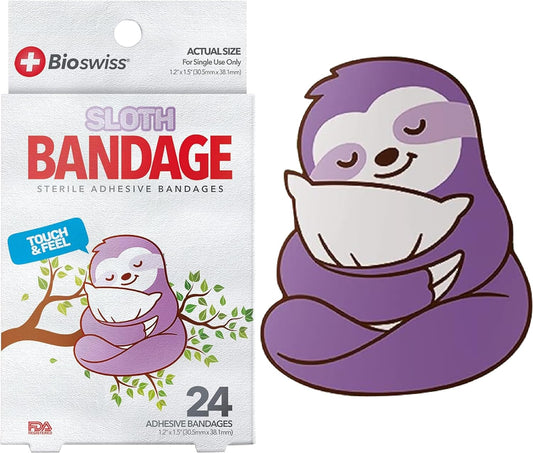 BioSwiss Kids Bandages, Sloth Shaped Self Adhesive Bandage Set, Latex Free, Sterile Wound Care, 24 Count