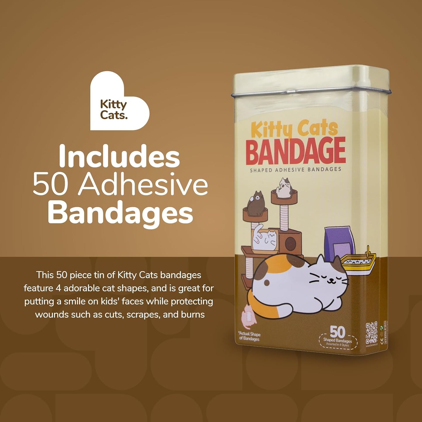 BioSwiss Kids Bandages, Kitty Cats Shaped Self Adhesive Bandage Set, Latex Free, Sterile Wound Care, 50 Count