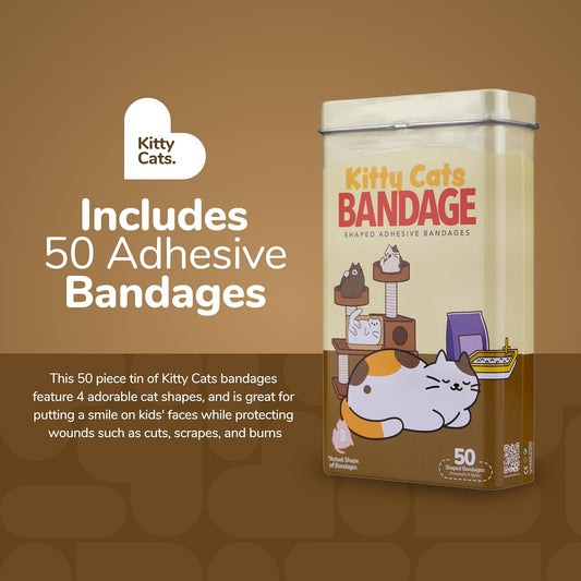 BioSwiss Kids Bandages, Kitty Cats Shaped Self Adhesive Bandage Set, Latex Free, Sterile Wound Care, 50 Count
