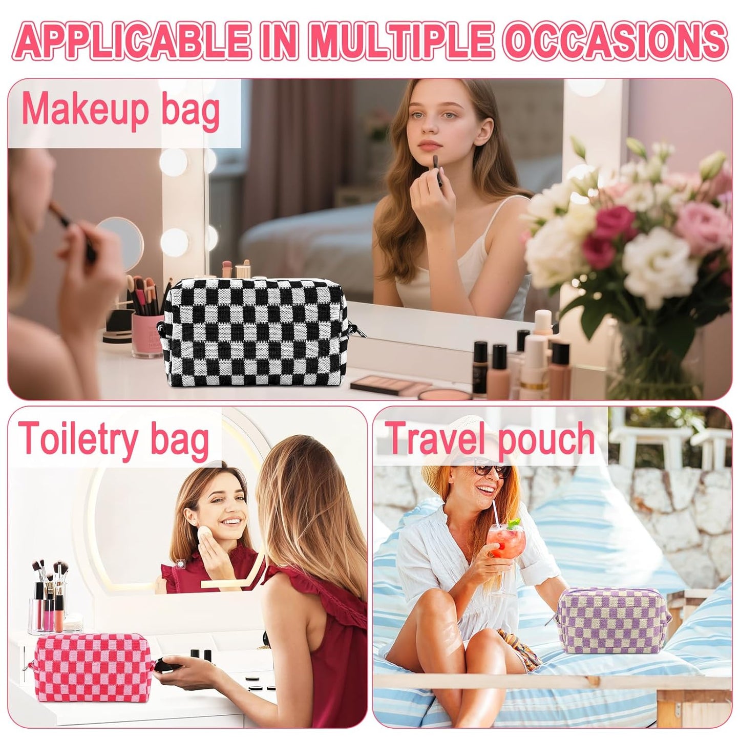 ZLFSRQ 6Pcs Checkered Pencil Case Cute Pencil Pouch for Teens Checkered Makeup Bag Colorful Medium Travel Cosmetic Bag Pink Makeup Pouch for Purse Aesthetic Trendy Zipper Toiletry Bags Organizer