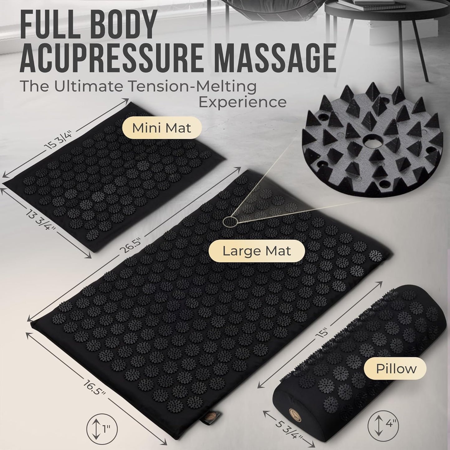 Acupressure Mat and Pillow Set with Extra Mini Accupressure Massage Pad - Acupuncture Mat Full Body - Accupoint Pad with Pressure Point for Back Pain (Black)