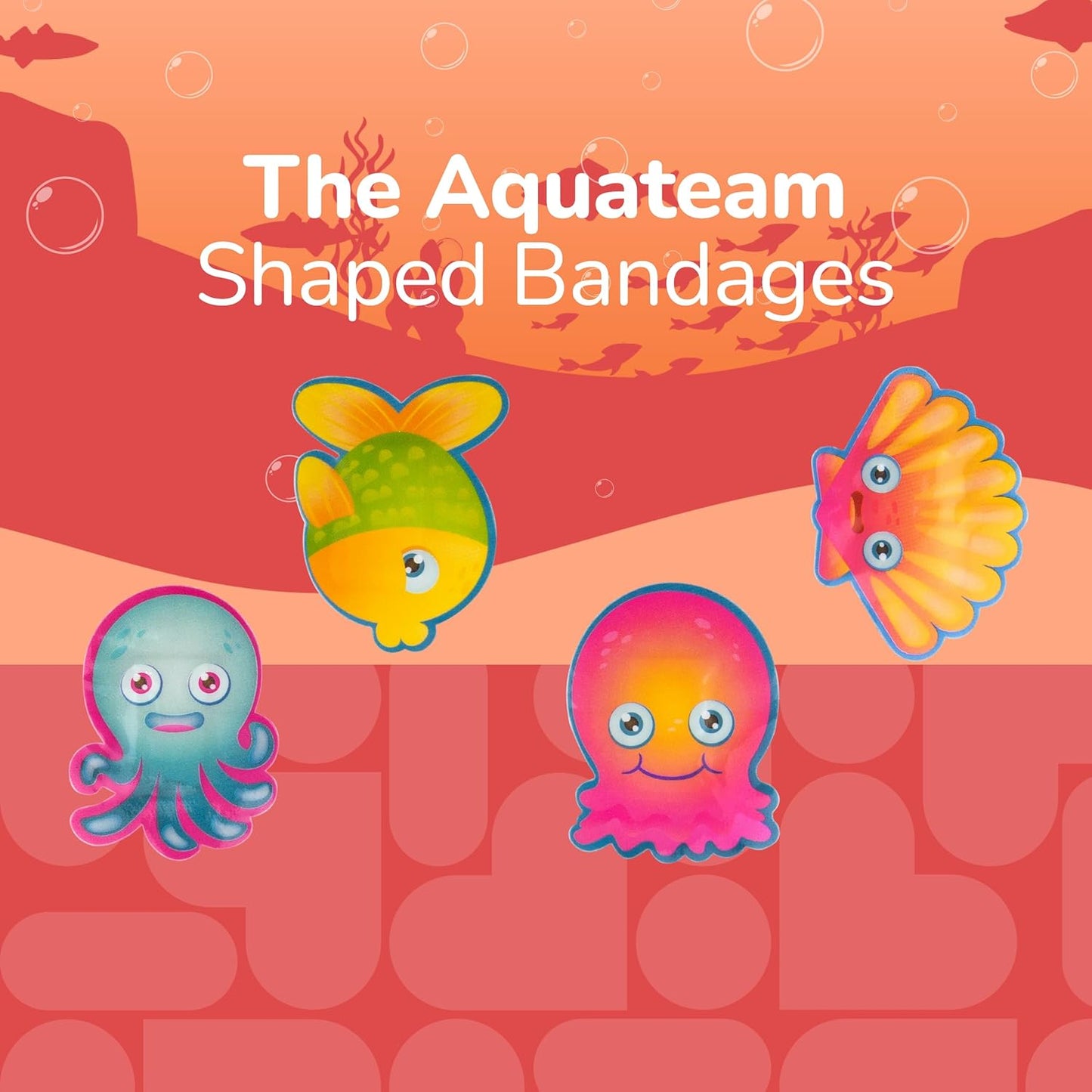 BioSwiss Kids Bandages, Aquateam Sea Creatures Shaped Self Adhesive Bandage Set, Latex Free, Sterile Wound Care, 50 Count