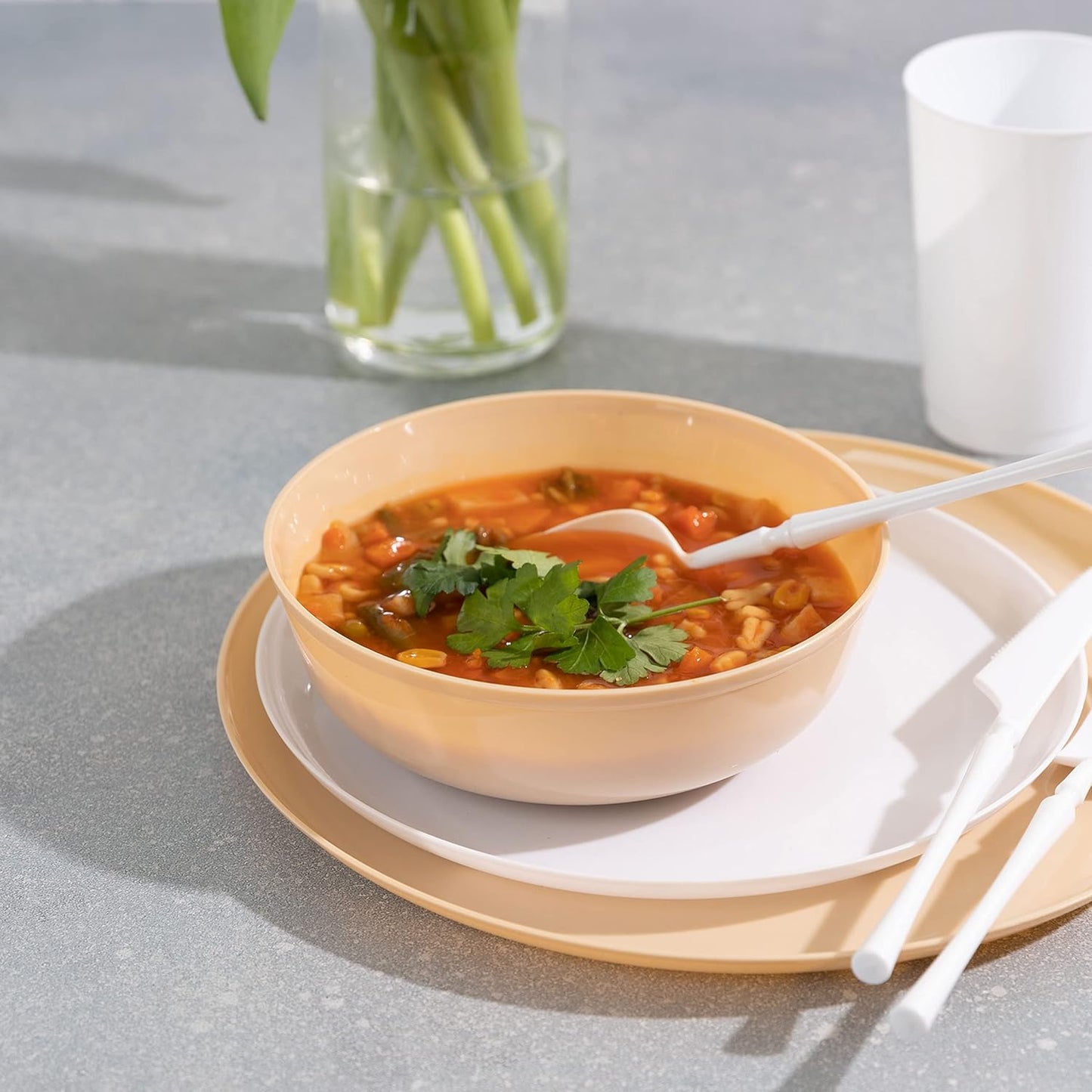 [30 Pack 16 OZ Bowls] Edge Collection Beige Plastic Party Soup Bowls Premium heavyweight Elegant Disposable Tableware Dishes