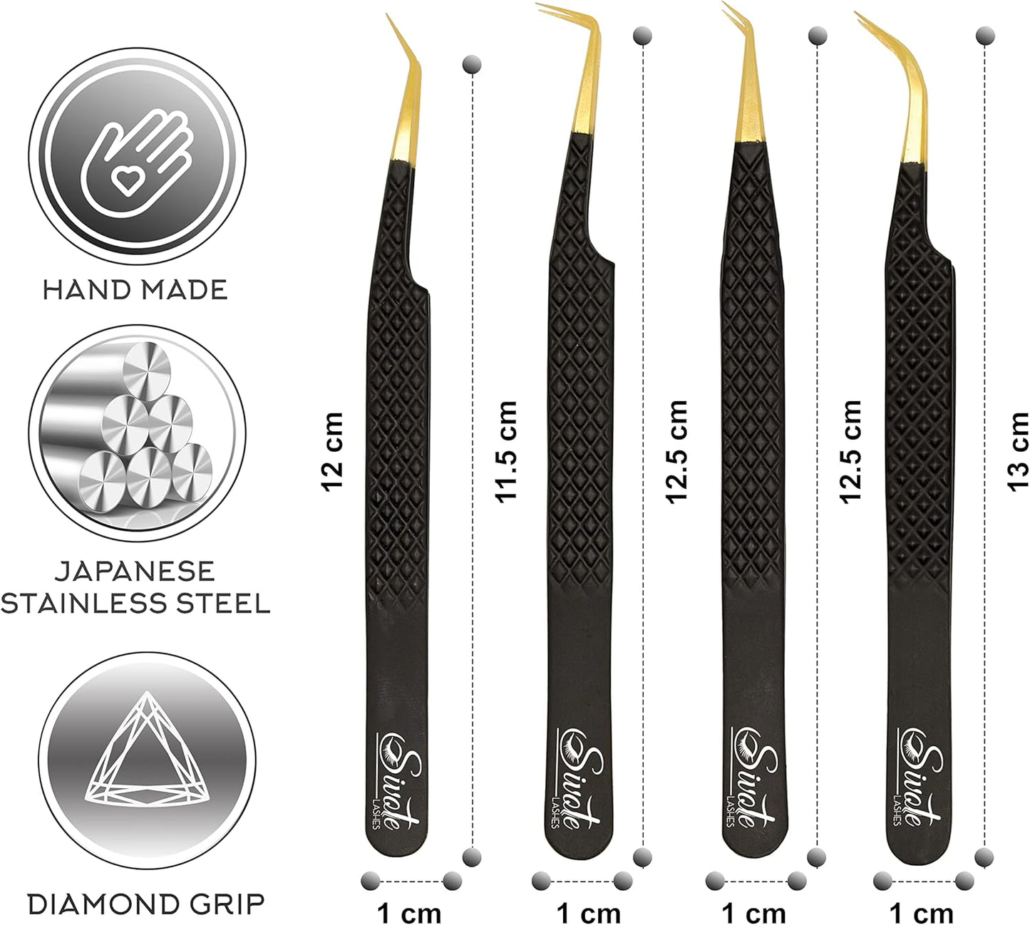 SIVOTE Fiber Tip Lash Tweezers for Eyelash Extensions with Diamond Grip, Black, Set of 4 - Precise Tips Japanese Steel for Classic, Volume & Mega Volume Lashes, Anti-Rust - Ideal for Lash Artists