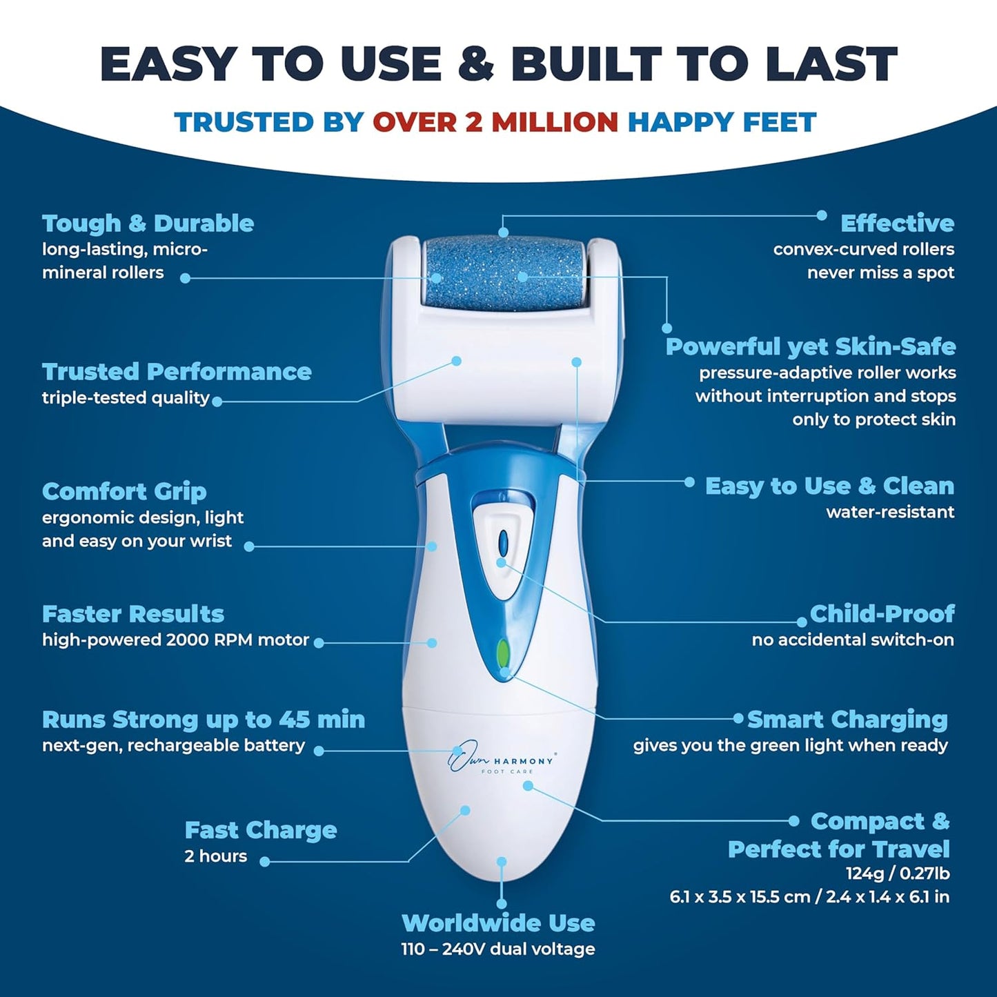 Electric Callus Remover: Own Harmony Professional Pedicure Tools Foot Care for Women, Rechargeable Foot Scrubber, CR900 Electronic Feet File Pedi Sander Best for Hard Cracked Dry Dead Skin, 3 Rollers