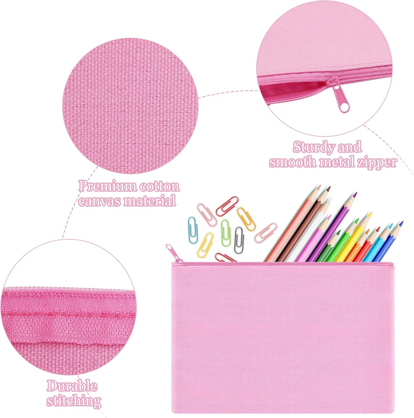 12 Pieces Cotton Canvas Makeup Bag, Multipurpose Cosmetic Bag with Zipper Travel Toiletry Pouch, Blank DIY Craft Bag (Pink, M)