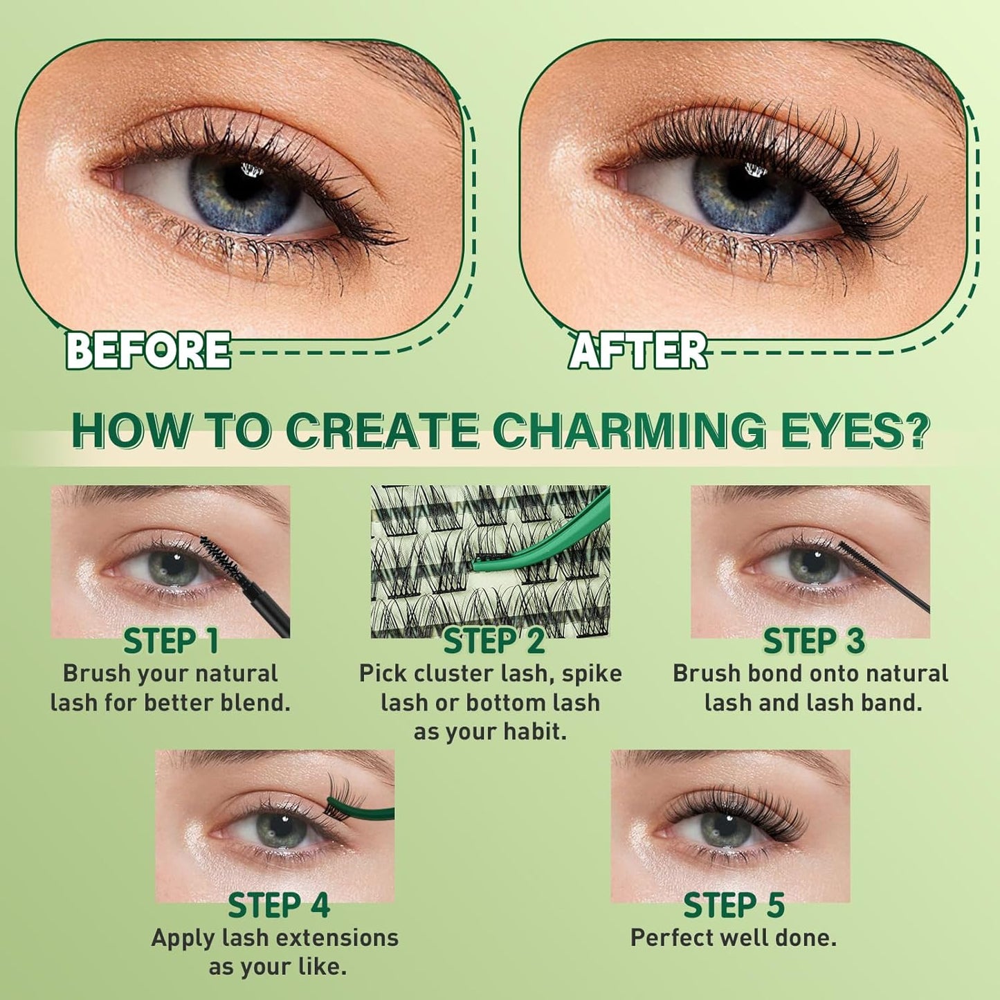 KEYYOU Natural Lash Clusters Kit 144Pcs DIY Lash Extension Kit Wispy Eyelash Extensions Kit D Curl 8-18MIX with Bond and Seal and tweezers with Thin Lash Band(KIT-N01-D-8-18MIX)