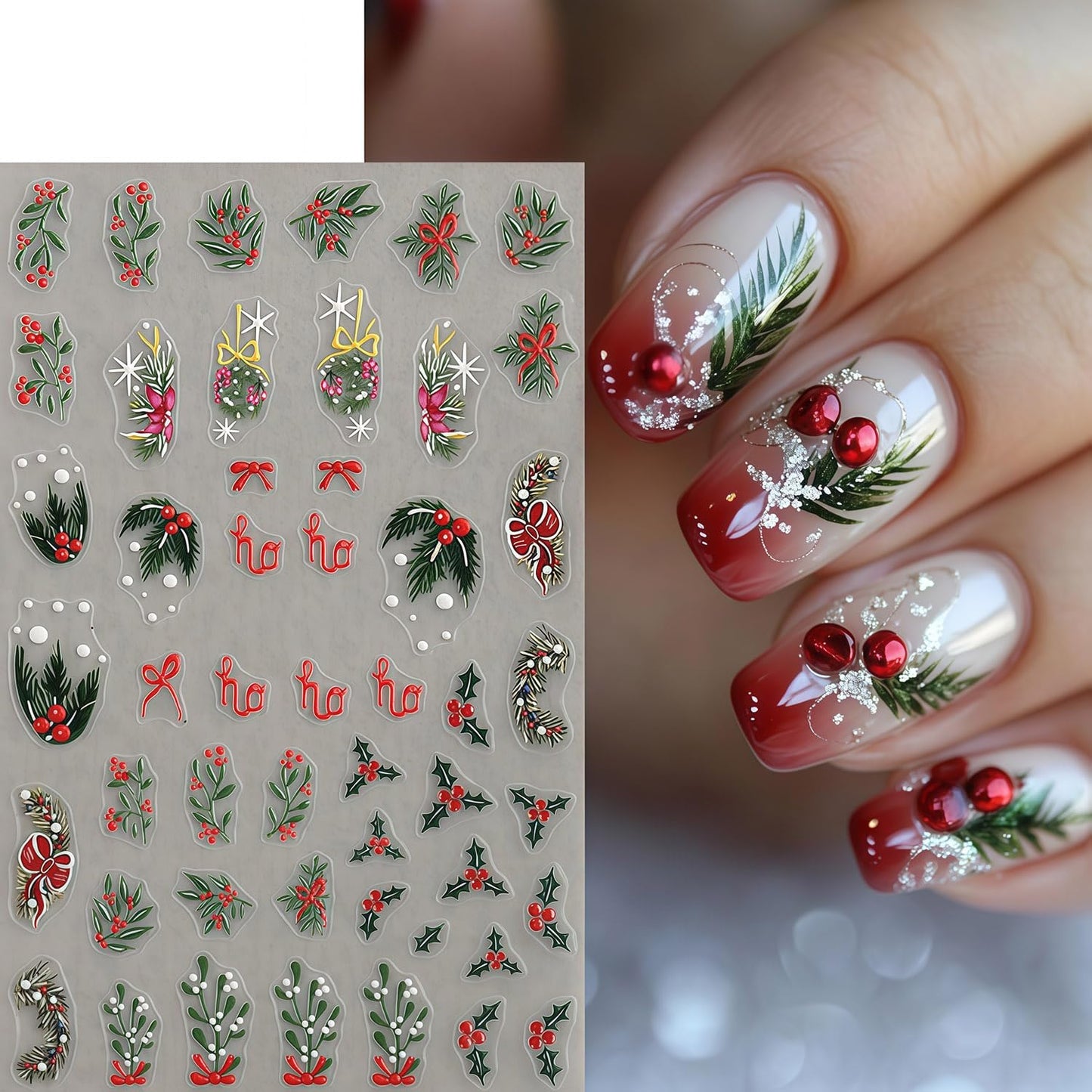 Christmas Nail Stickers 4 Sheets Christmas Nail Art Stickers, 5D Embossed Self-Adhesive Winter Leaves Snowflake Christmas Tree Flower Nail Decals Pattern Design DIY Holiday Nails Decoration for Women