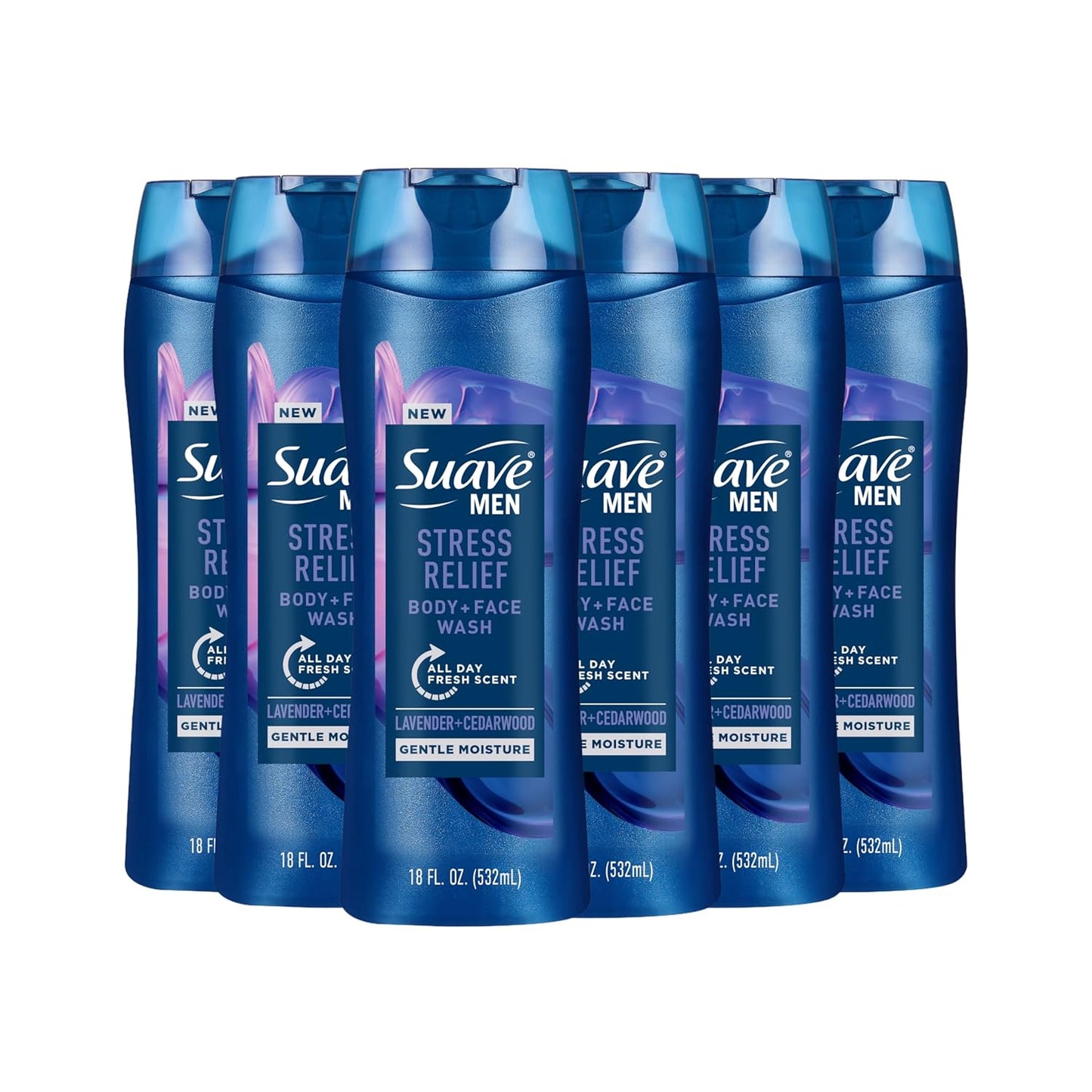 Suave Men’s Stress Relief Body + Face Wash, Gentle Moisture with Lavender & Cedarwood All Day Fresh Scent, 18 oz, 6 Pack