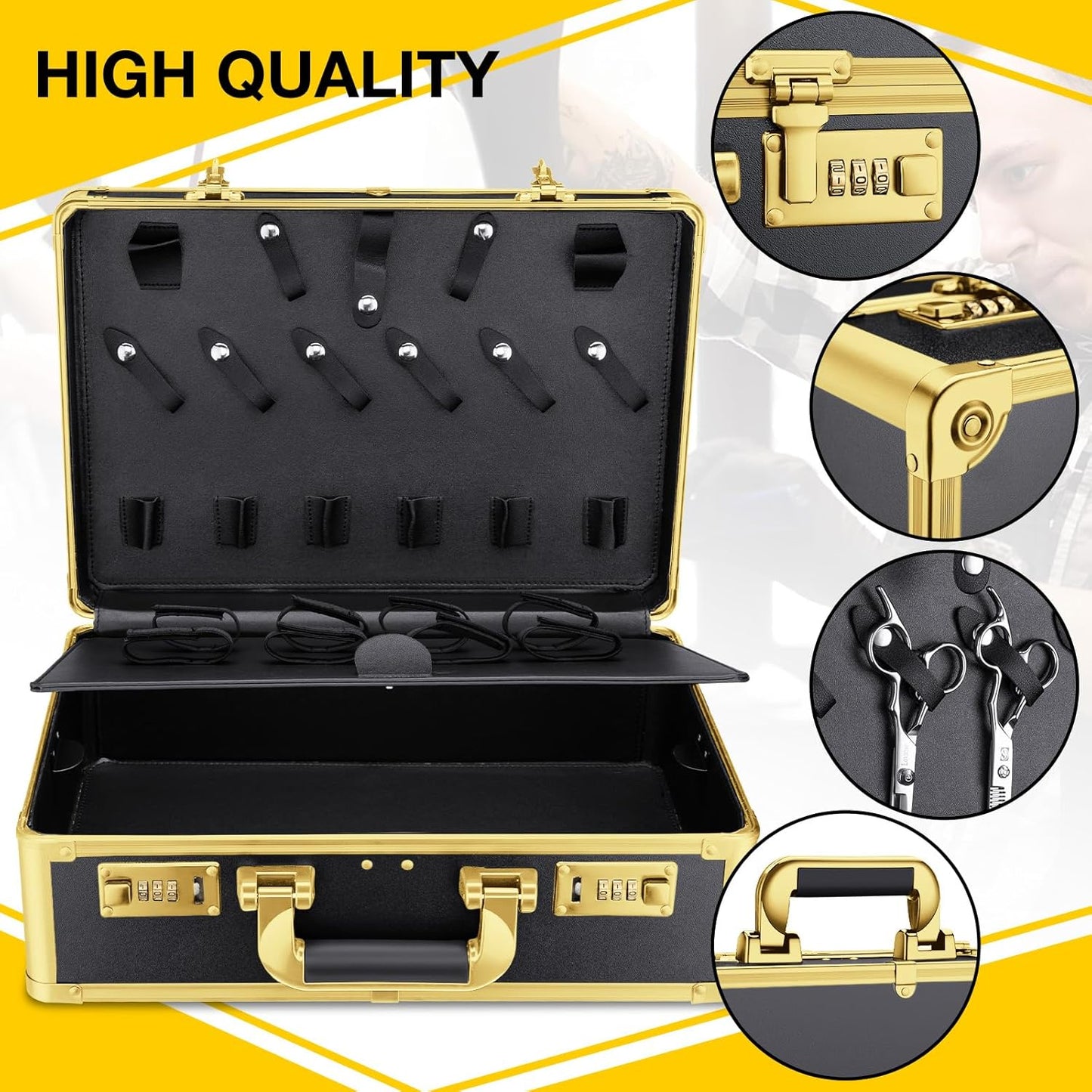 Noverlife Gold Password Lock Barber Carrying Case, 16x11x6in Large Salon Hair Cutting Tools Storage Box, Portable Hairdresser Travel Suitcase Grooming Scissor Organizer for Hairstylist Pet Groomer
