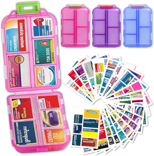 Pill Organizer with Medicine Labels, Travel Daily Pill Container, Mini Medication Organizer, 7-Day Pill Case, Set of 3 (Blue+Pink+Purple)