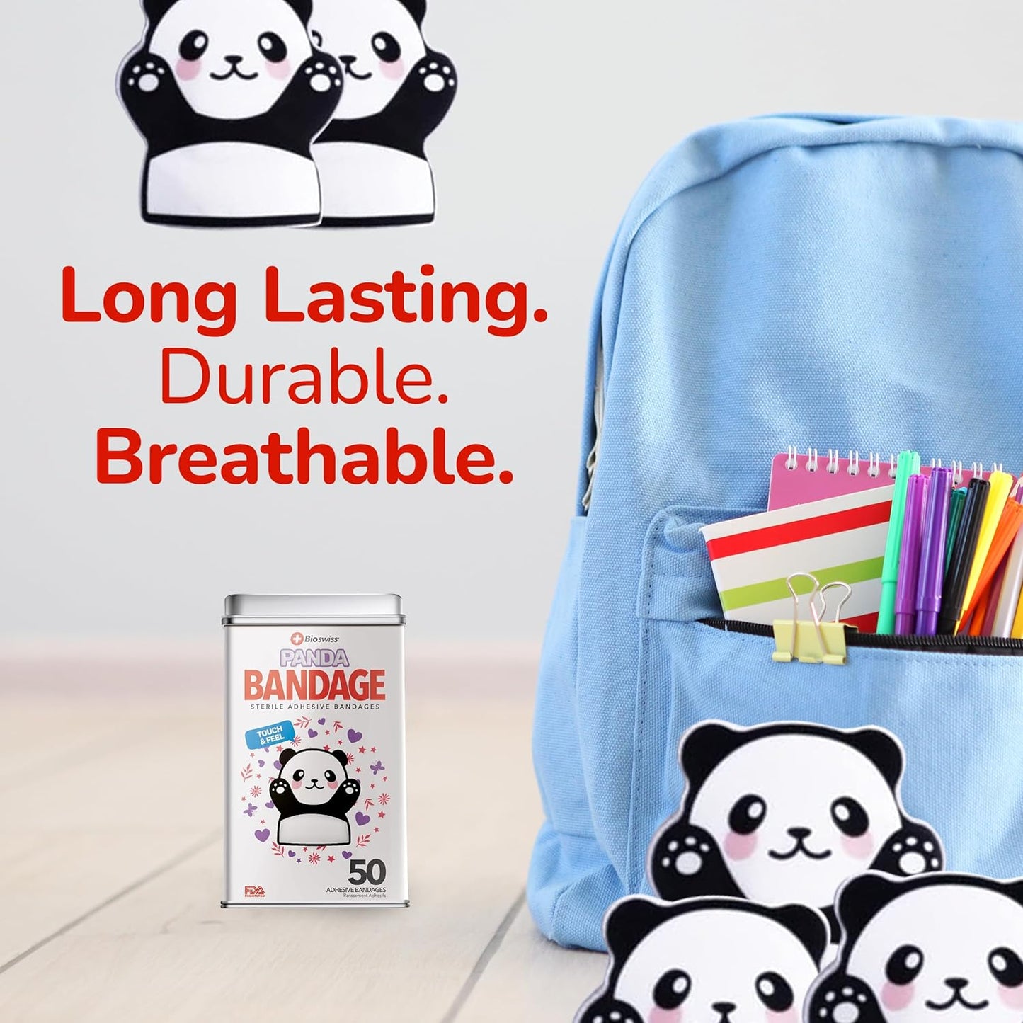 BioSwiss Kids Bandages, Panda Shaped Self Adhesive Bandage Set, Latex Free, Sterile Wound Care, 50 Count