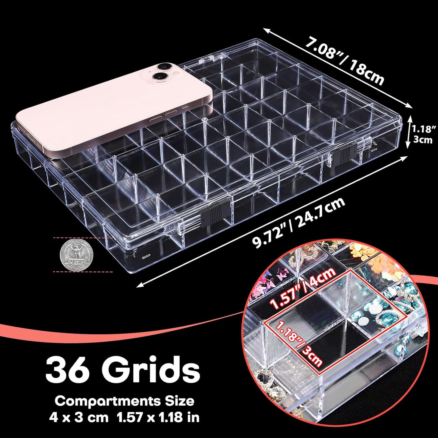 Noverlife 36 Grids Clear Plastic Jewelry Organizer Box, Nail Charm Holder Double Buckle Bead Organizer Storage Container Box, Empty Nail Box Organizer Earring Display Case Acrylic Bead Box for Women