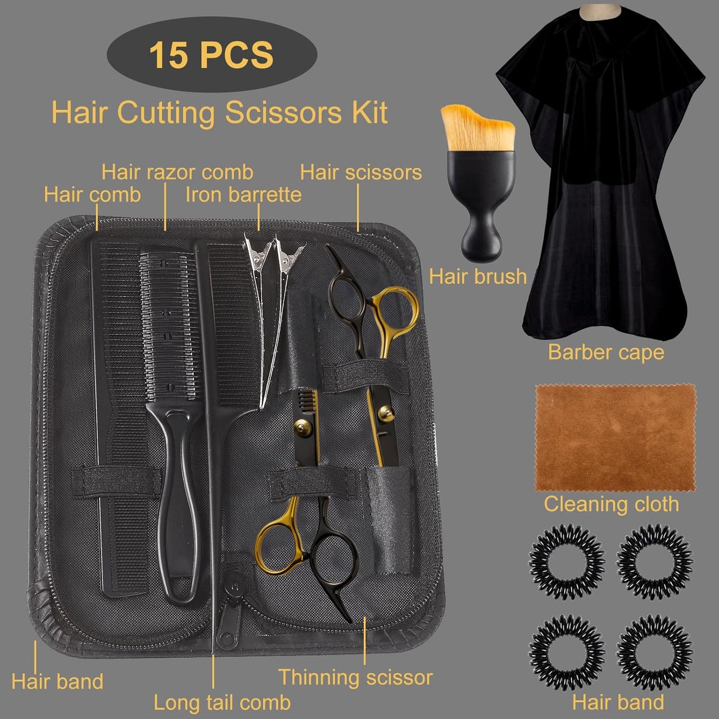 15 pcs Hair Cutting Scissors Professional, Thinning Shears for Hair Cutting, Black Gold Stainless Steel Barber Scissors, Lengnoyp Haircut Scissors Hair Cutting Kit for Women, Men