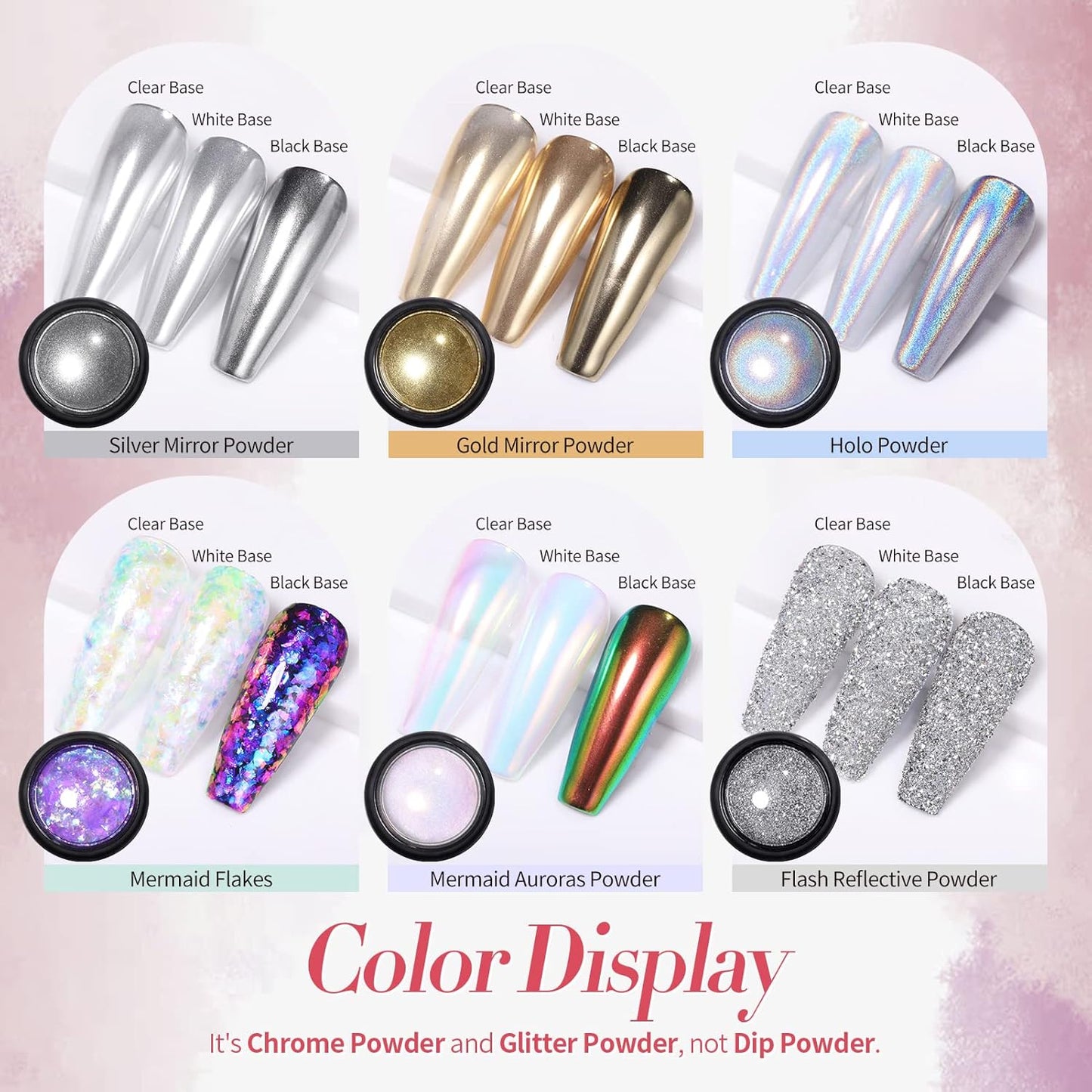 BORN PRETTY Chrome Nail Powder Holographic Nail Art Auroras Mermaid Pearl Nail Powder Reflective Glitter Manicure Pigment Chrome Powder 6 Boxes