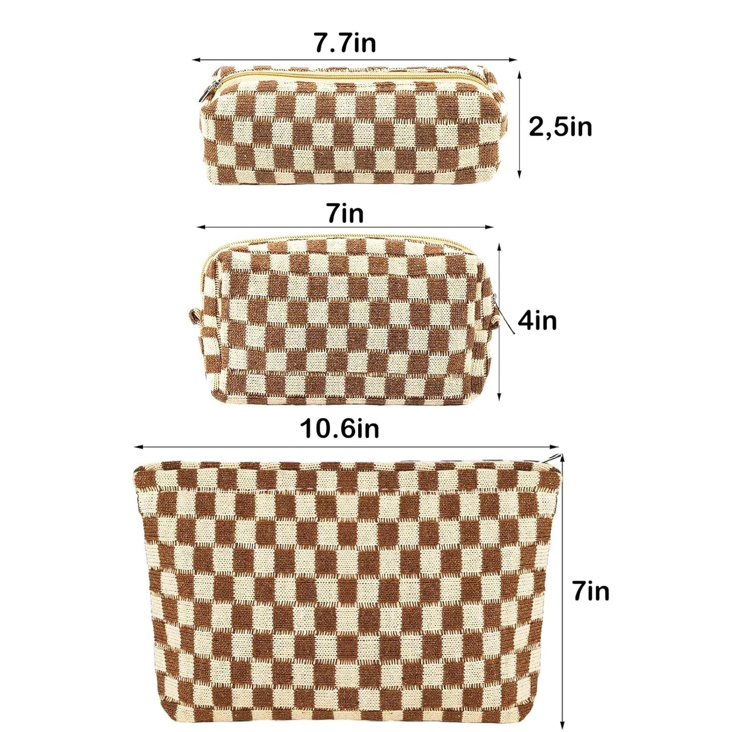 ZLFSRQ 3Pcs Checkered Makeup Bag for Women Large Small Checkered Cosmetic Bag Set Aesthetic Preppy Pencil Case Cute Pencil Pouch Brown Makeup Pouch for Purse Travel Toiletry Bags Zipper Skincare Bags