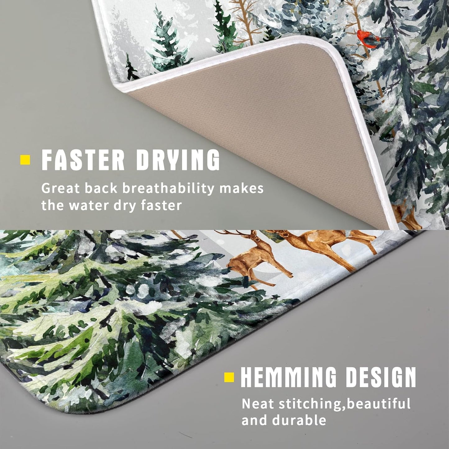 Pine Tree Dish Drying Mat for Kitchen Counter 16x18 Inch Forest Deer Absorbent Dishes Drainer Mats Reversible Microfiber Quick Dry Rack Pad