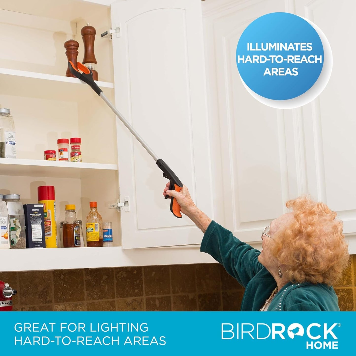 BirdRock Home Grabber Pick Up Tool with LED Light | 32 inch | Light Weight Aluminum Design | Reaching Aid | Articulating Rubber Head | Rubber Grip