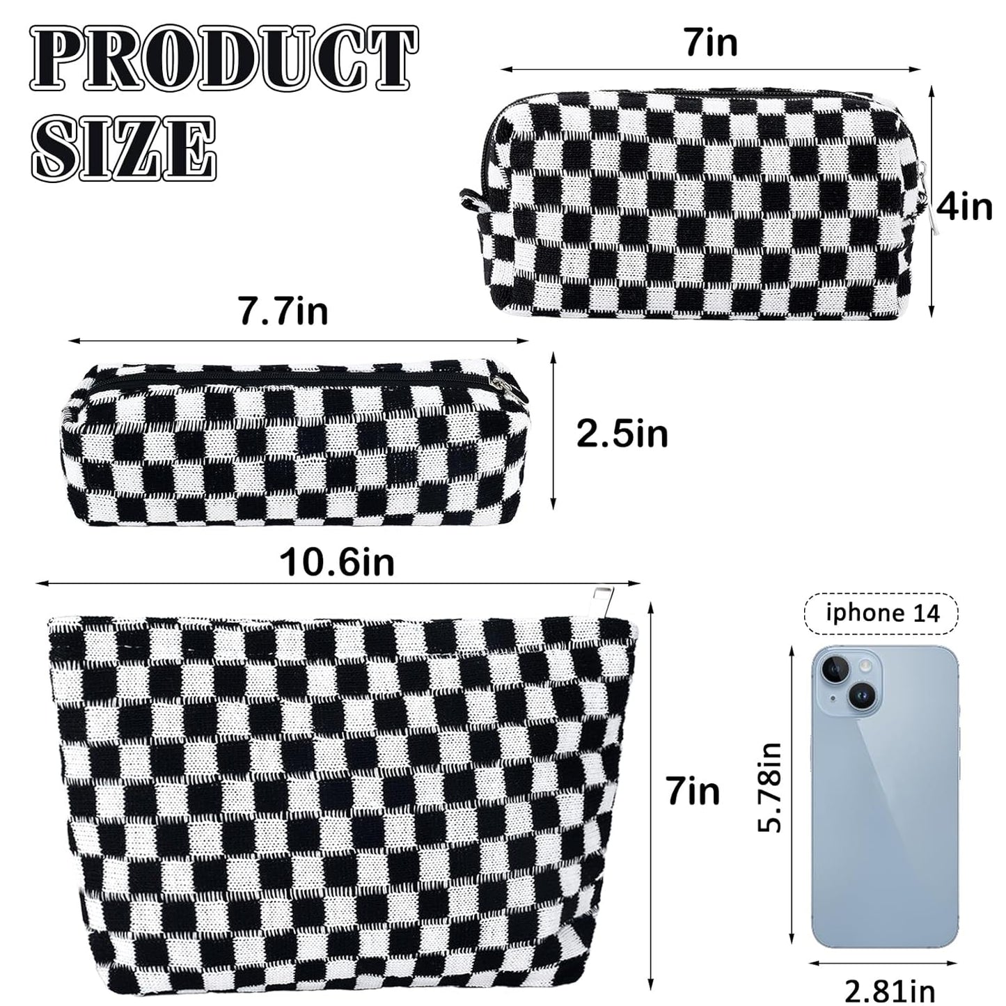 ZLFSRQ 3Pcs Checkered Makeup Bag for Women Large Small Checkered Cosmetic Bag Set Aesthetic Preppy Pencil Case Cute Pencil Pouch Black Makeup Pouch for Purse Travel Toiletry Bags Zipper Skincare Bags