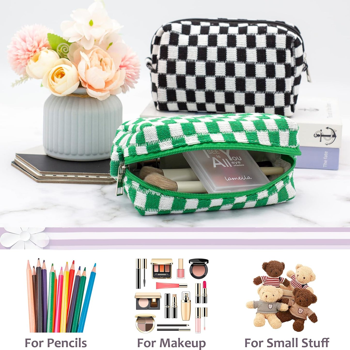 PAZIMIIK Checkered Makeup Bag for Purse Portable Zipper Make Up Pouch Small Cosmetic Case for Travel Accessories (Green)
