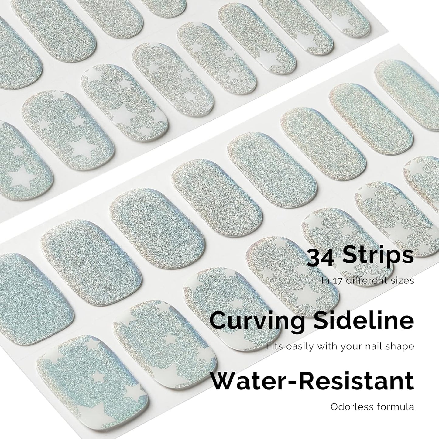 NAILOG Semi Cured Gel Strips, 34 pcs Salon-Quality Stickers, Long Lasting Wraps for Women With Soft Gel Finish | Shimmery Stars