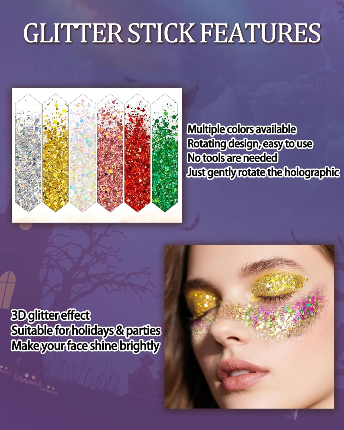 Body Glitter Stick, Waterproof Long Lasting Sparkling Face Shimmer Makeup, Singer Concerts Disco Music Halloween Festival Rave Accessories, Holographic Chunky Sequins Hair Stick,Gift for Women girl-03