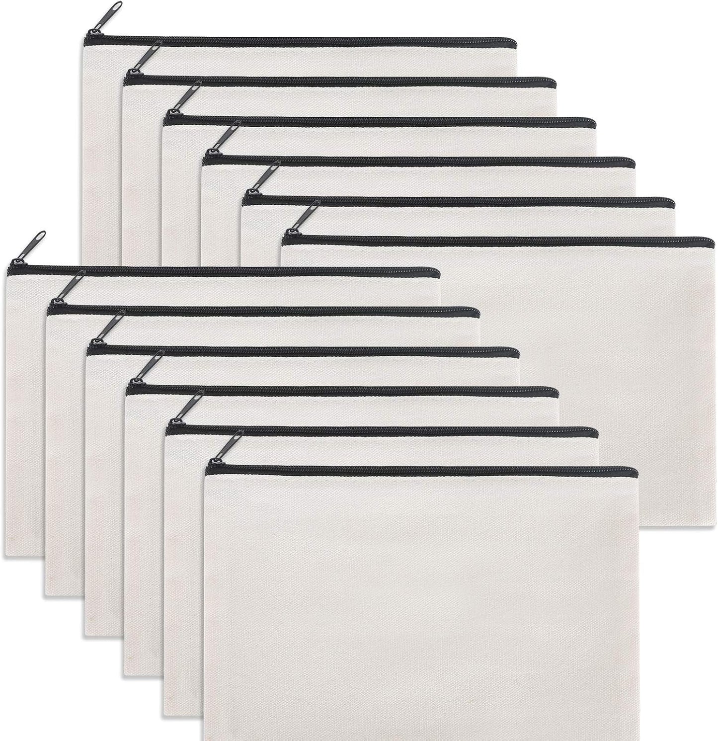 12 Pieces White Cotton Canvas Makeup Bag, Multipurpose Cosmetic Bag with Zipper Travel Toiletry Pouch, Blank DIY Craft Bag (White, M)