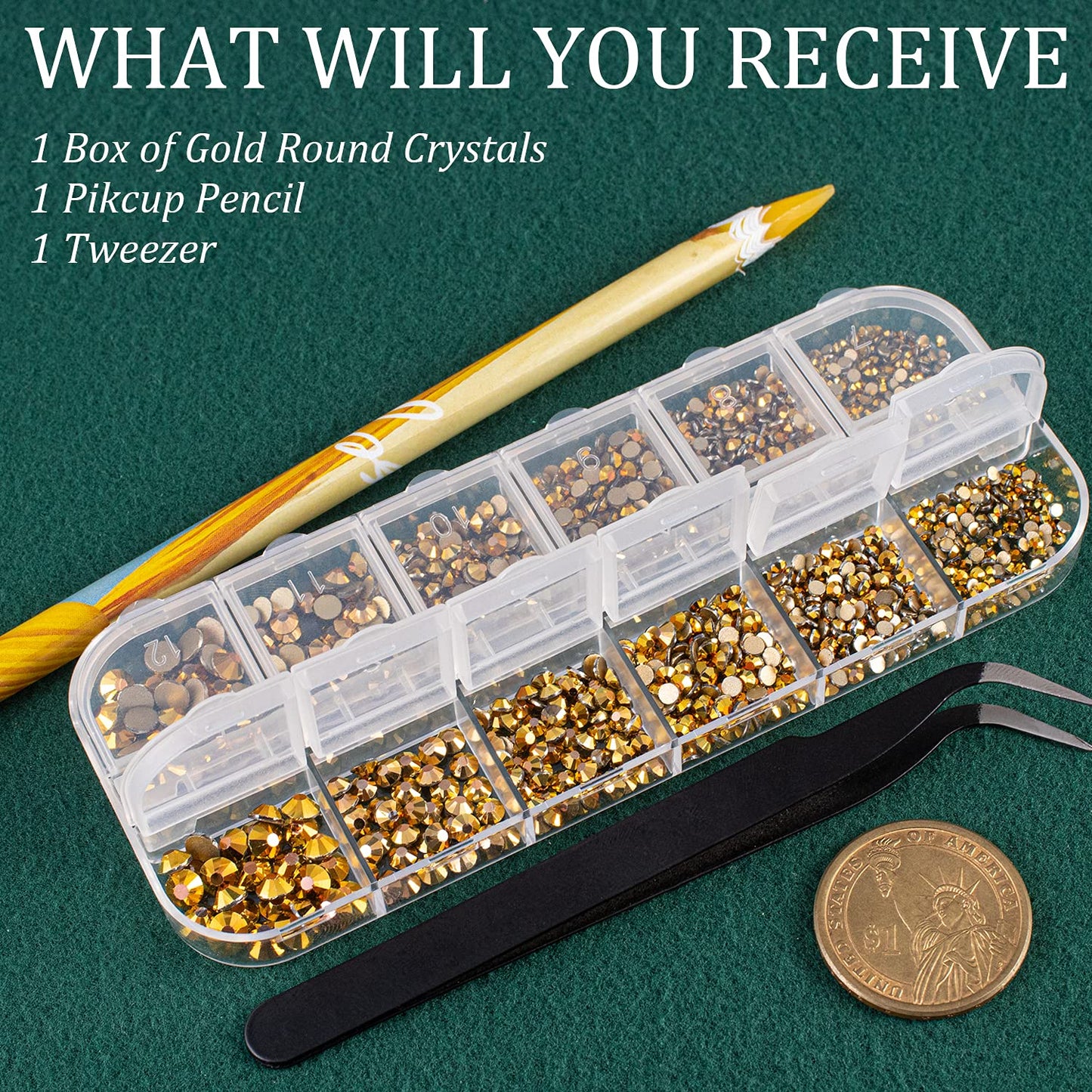 6 Sizes Gold Glass Crystal Kit with Pickup Pen + Tweezer Tools for Shine Nail Art Manicure Makeup DIY Decoration Flatback Round Rhinestone Gem Jewelry Diamond
