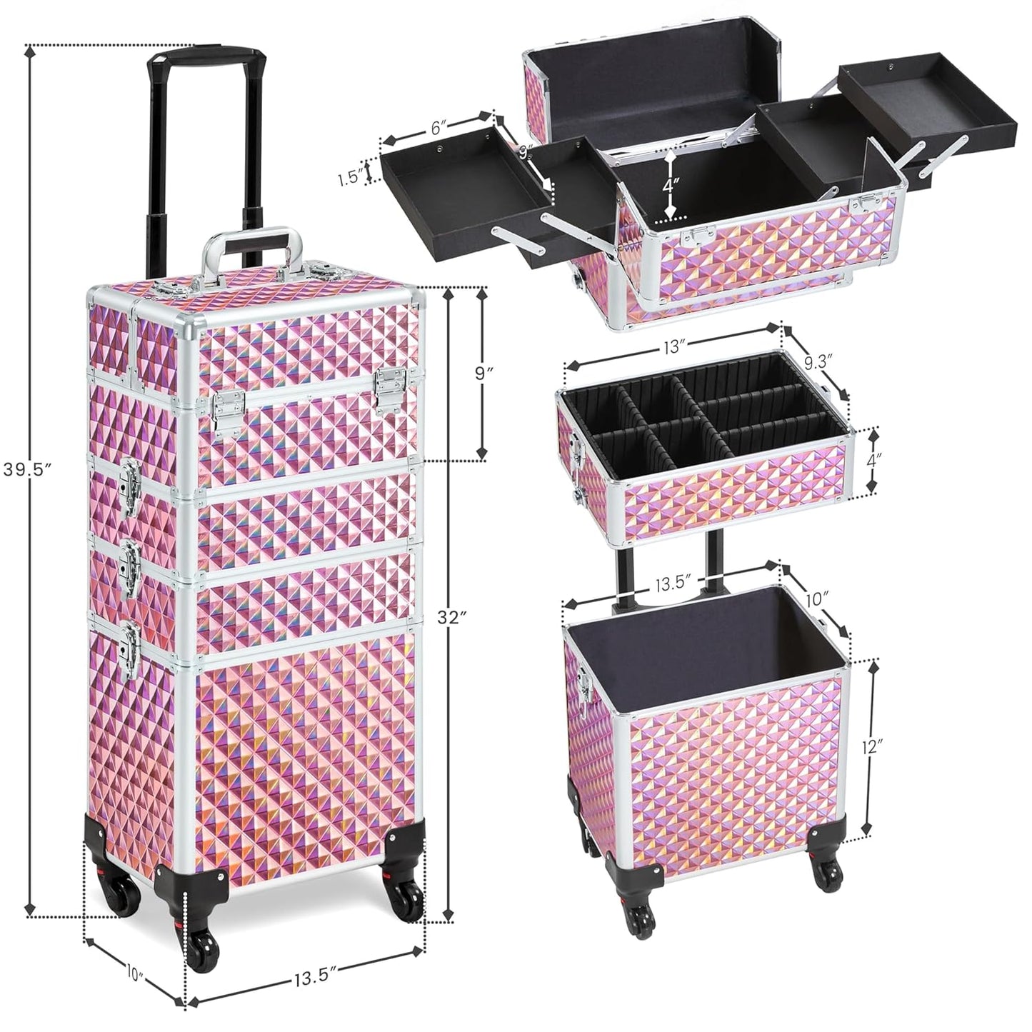 Yaheetech 4 in 1 Professional Makeup Train Case/Rolling Cosmetic Trolley/Makeup Case Organizer/Makeup Travel Case with 4 Detachable Swivel Wheels, Glitter Pink