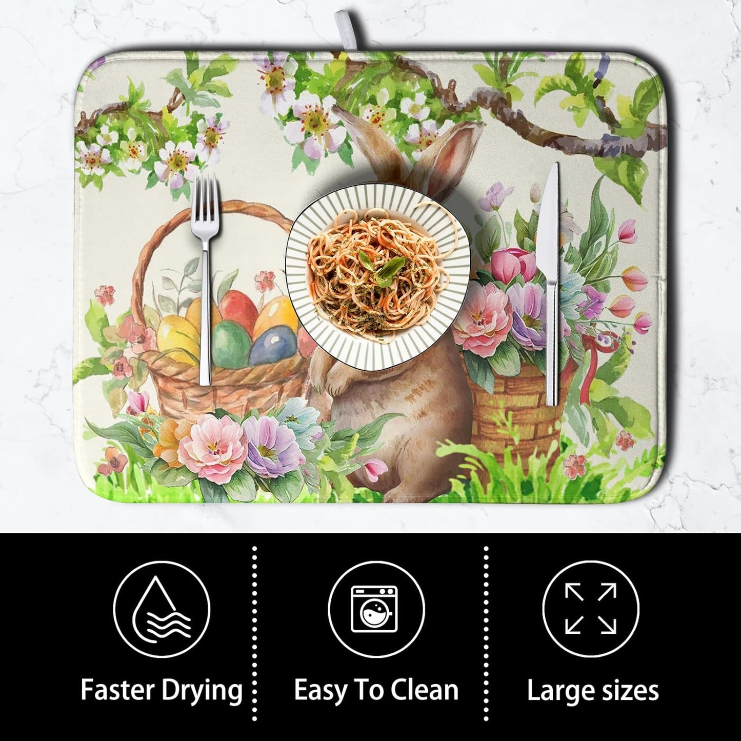 Easter Egg Bunny Dish Drying Mat for Kitchen Counter Floral Flower Basket Drying Mats Absorbent Dish Pad Spring Summer Holiday Large Dish Draining Mat 18x24 inch
