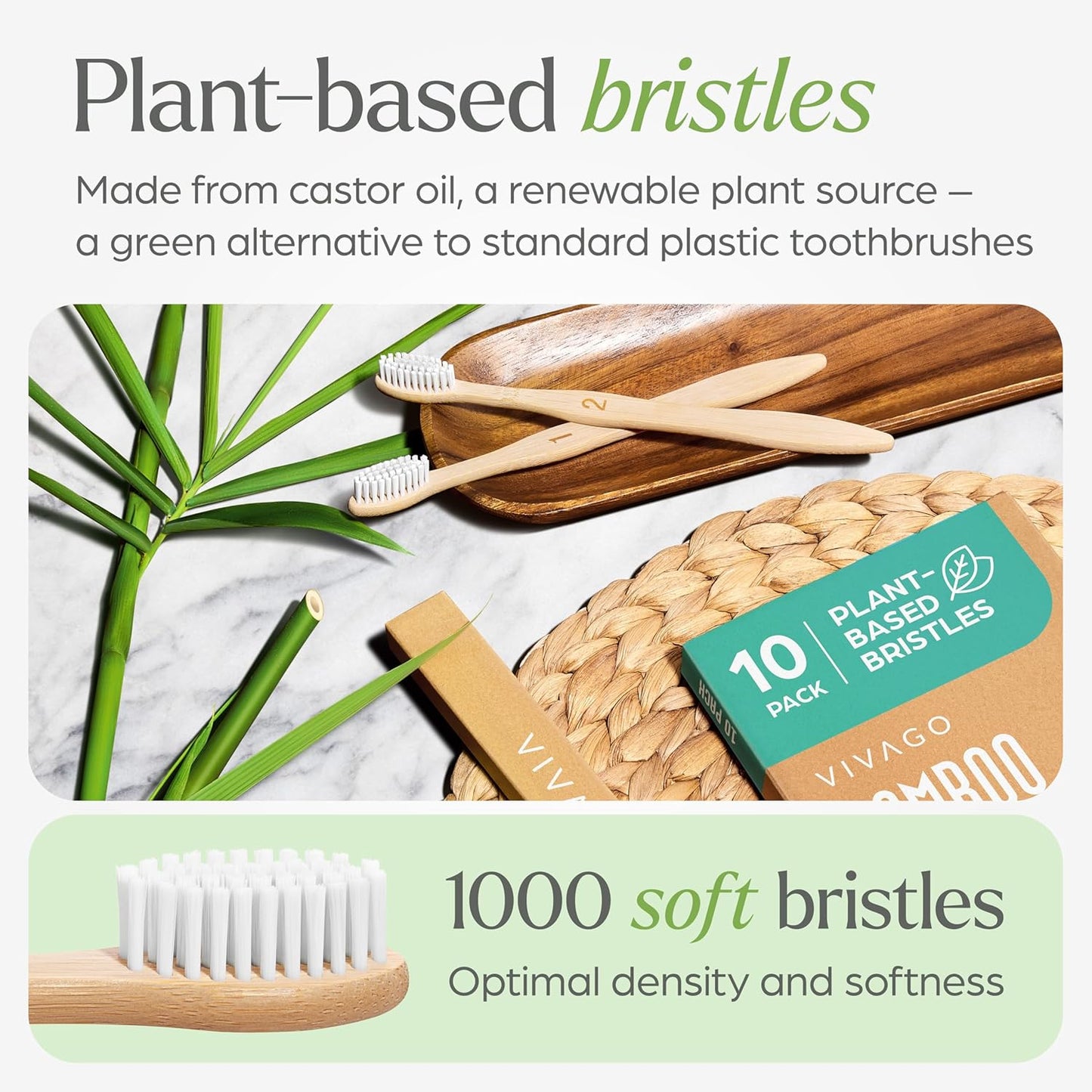 Bamboo Toothbrushes 10 Pack – Natural Toothbrushes, Plant-Based Soft Bristles – Eco-Friendly Wooden Toothbrush