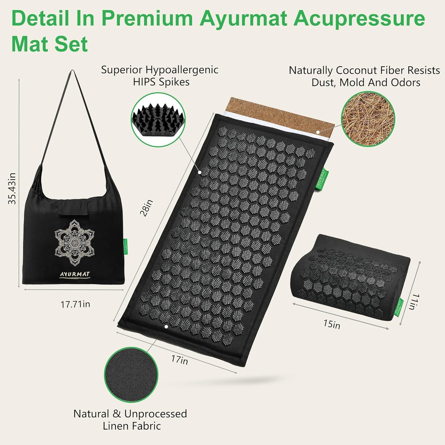 Premium Acupressure Mat and Pillow Set - Natural Eco-Friendly Linen & Coconut Fiber,Ergonomic Design,Relieves Stress & Tension,with Carrying Bag,Full Body Pro Set