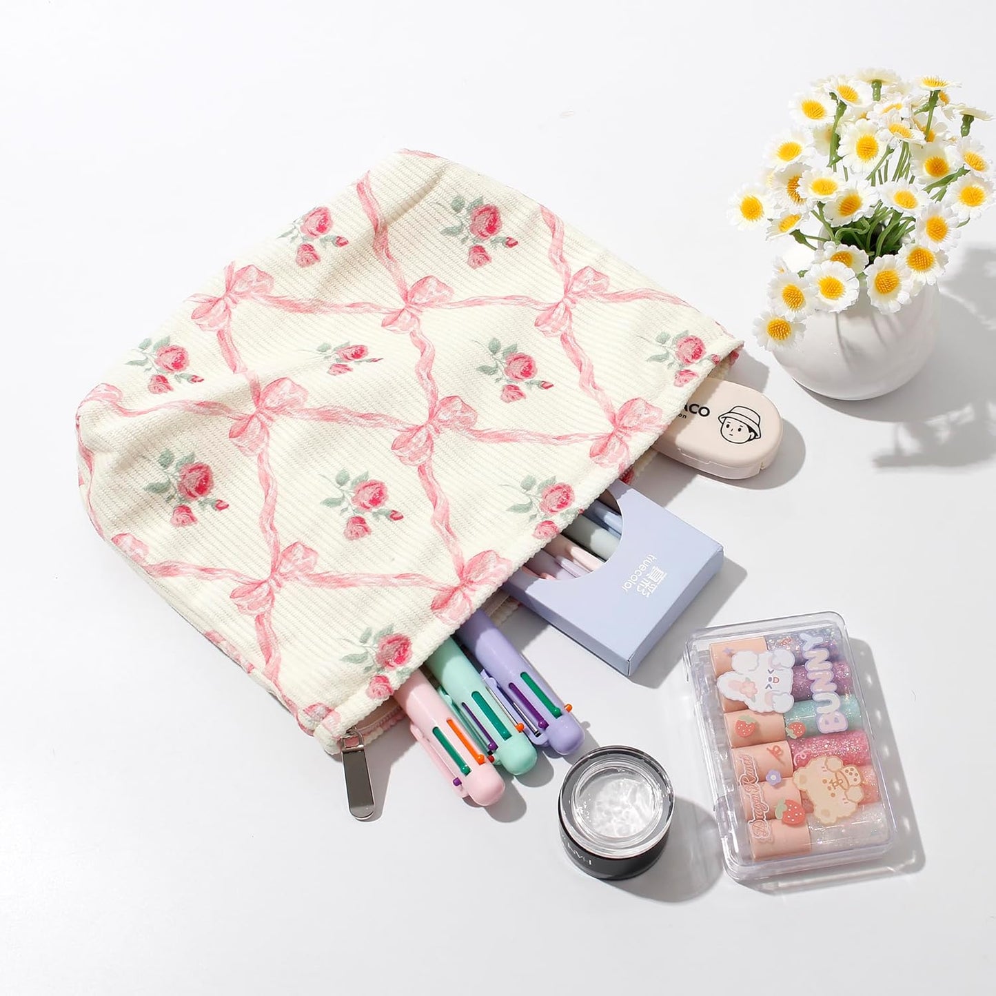 Cosmetic Bags for Women - Corduroy Cosmetic Bag Aesthetic Women Handbags Purses Smile Dots Makeup Organizer Storage Makeup Bag Girls Case Bags (Flowers-Bow)