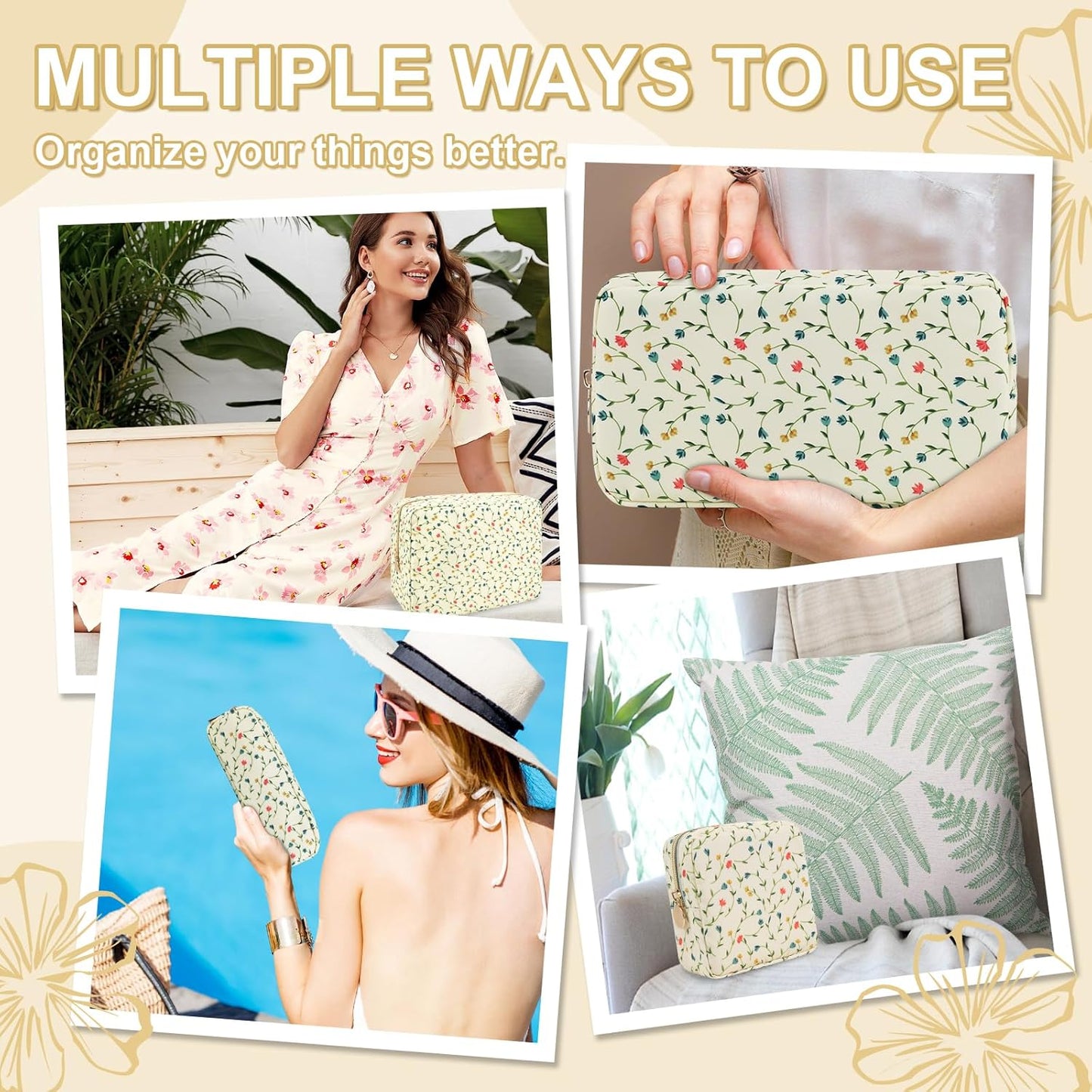 Waterproof Small Floral Makeup Bag Pouch for Purse,Nylon Flower Cosmetic Bag Preppy Travel Toiletry Storage Bag for Women Girl,Cute Makeup Organizer Bag Pouch with Zipper(Small Light Yellow-Flowers)