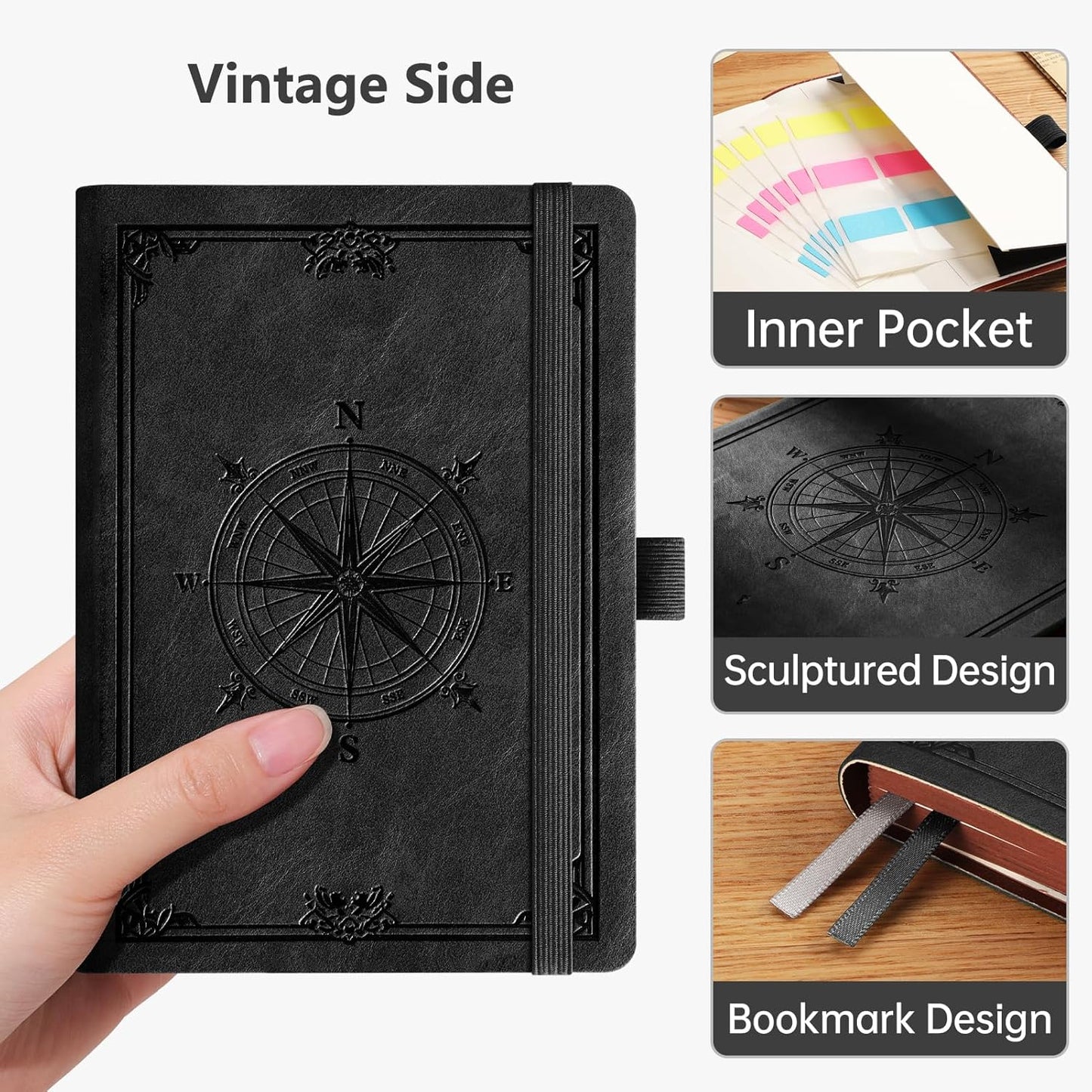 AHGXG Small Lined Pocket Journal Notebook for Men - 256 Numbered Pages College Ruled B6 Mini Journal, Vintage Soft Leather Hardcover, 80gsm Paper, for Women Work Office School, 4.1'' X 5.7''- Black
