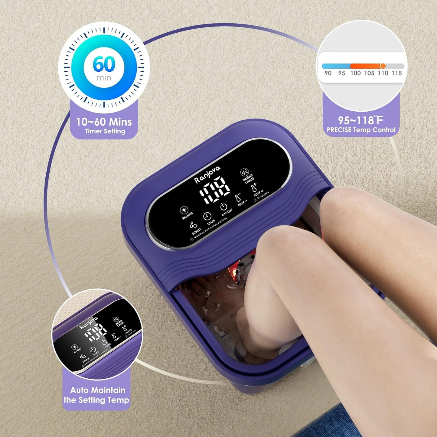 Foot Spa Electric Rotary Massage, Collapsible Foot Bath with Heat, Bubble,Temp Control, and 24 Motorized Shiatsu Massage Balls, Pedicure Foot Spa for Feet Relaxation (Blue)