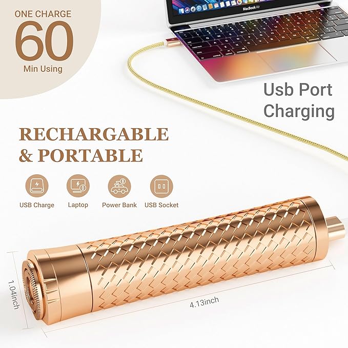 Facial Hair Removal for Women, Rechargeable Hair Removal Device, Painless Face Electric Razor/Shaver for Lip, Arms, Face, Peach Fuzz (Gold)
