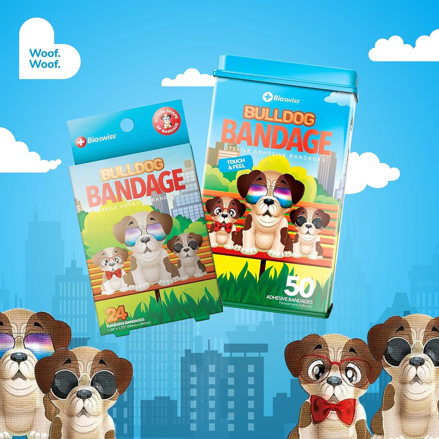 BioSwiss Kids Bandages, Bulldog Shaped Self Adhesive Bandage Set, Latex Free, Sterile Wound Care, 24 Count