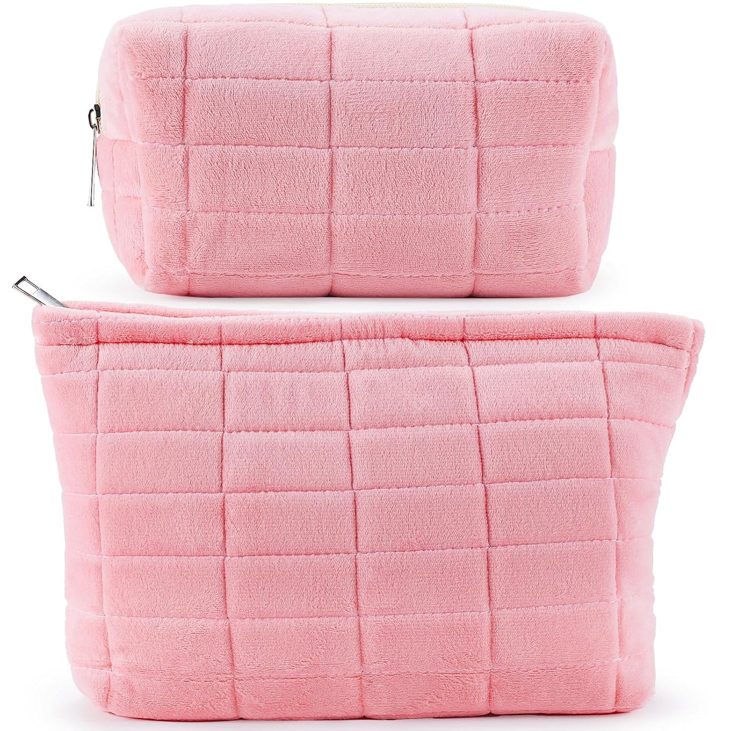 ZLFSRQ 2Pcs Makeup Bag for Women Trendy Large Capacity Cosmetic Bags Plush Pencil Case Pink Checkered Pouch for Purse Coquette Zippered Toiletry Bag Organizer Y2K Aesthetic Pencil Pouch