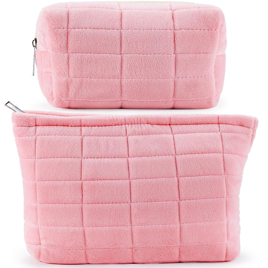 ZLFSRQ 2Pcs Makeup Bag for Women Trendy Large Capacity Cosmetic Bags Plush Pencil Case Pink Checkered Pouch for Purse Coquette Zippered Toiletry Bag Organizer Y2K Aesthetic Pencil Pouch