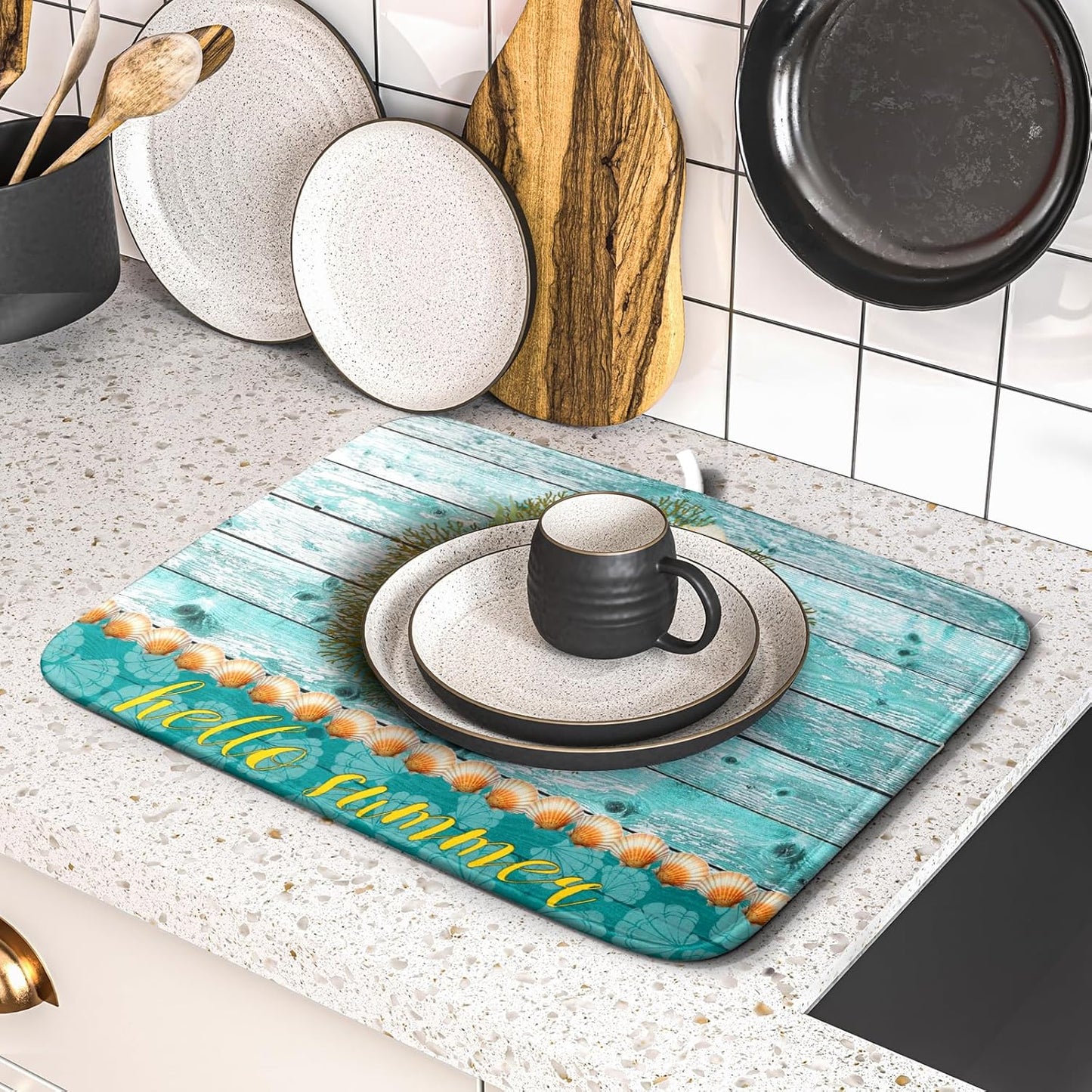 Coastal Wreath Dish Drying Mat 16x18 inch Starfish Shell Absorbent Microfiber Dish Rack Mats Drainer Pad Kitchen Countertop Accessories