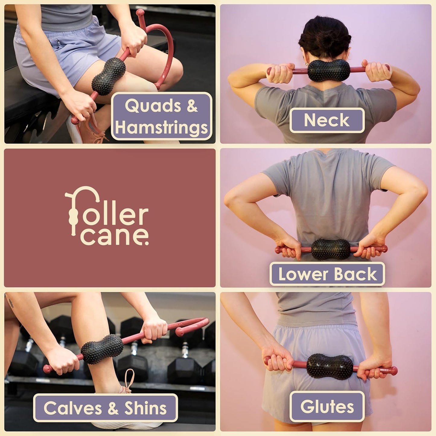 Roller Cane Massager | 2-in-1 Massage Roller Stick & Trigger Point Cane | Rubber Ball for Deep Tissue, Myofascial Release & Muscle Recovery (Red)