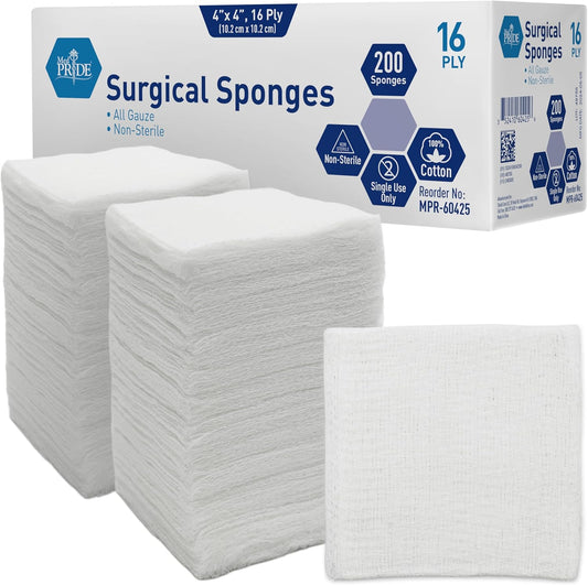 MED PRIDE All Cotton Non-Stick Bandage Supplies 4x4in Premium Quality Surgical Sponges 200 Pack 4'' x 4'', 16 ply–Gauze Pads Non sterile -First Aid Wound Care Dressing Sponge –Woven Medical Nonstick